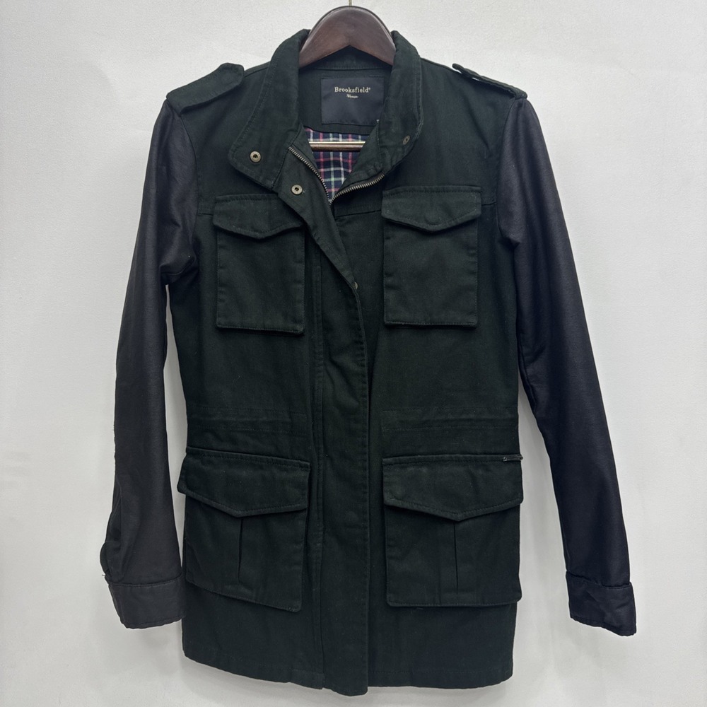 Brooksfield Offset Full Zip Jacket Womans Size Medium T.2 Dark GRN W/blk Sleeves